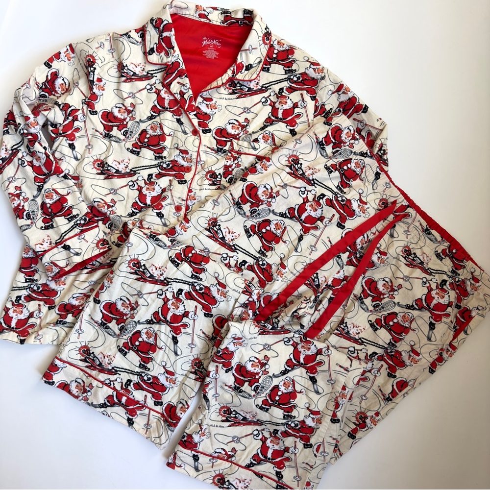 Nick & Nora Vintage Retro Santa Claus Print Flannel Pajamas XXL